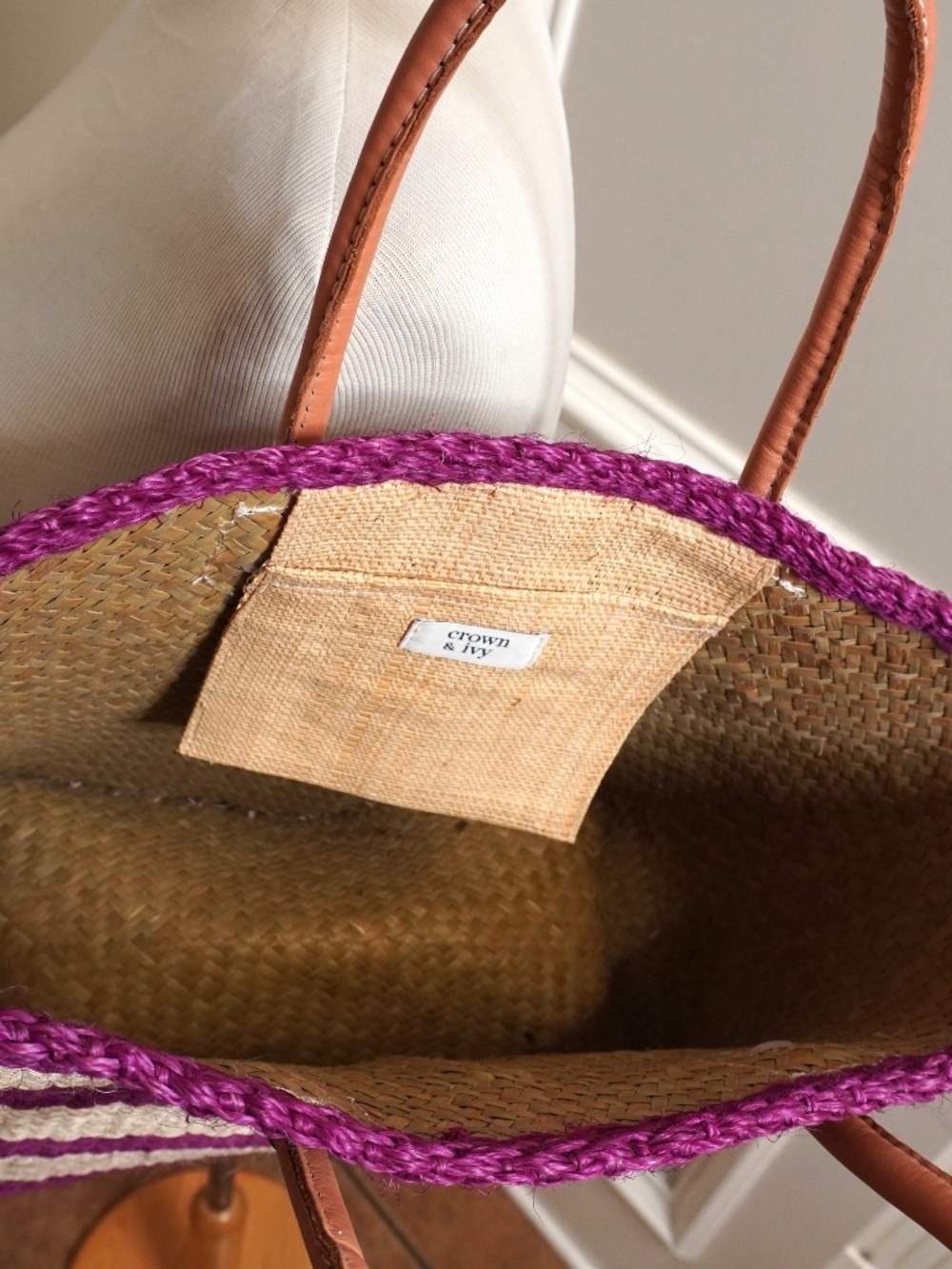 Crown & Ivy striped straw tote featuring pink and beige woven material with brow - Picture 4 of 6